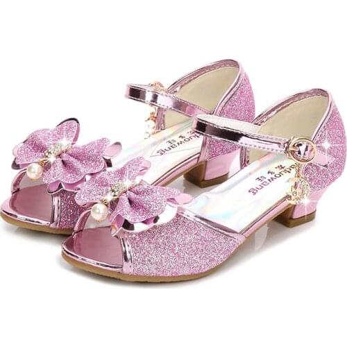 Fashion Summer Children Princess High Heels Sandals Bow-knot With Crystal Pearl Sequins Girls Kids Shiny Shoes For Wedding Party