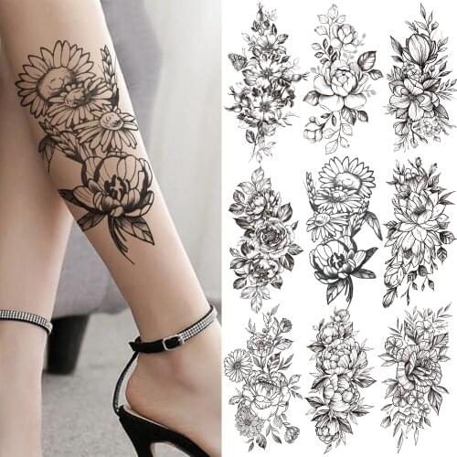 DIY Sun Flower Temporary Tatoos For Women Girls Fake Peony Rose Tattoo Sticker Black Orchid Dahlia Makeup 3D Tools Tatoo Arm Leg