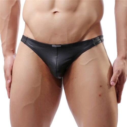 Sexy Mens Underwear PU Leather WetLook Penis Pouch Underpants T-back Thongs G-string Gay Jockstrap Sissy Panties Mens Lingerie