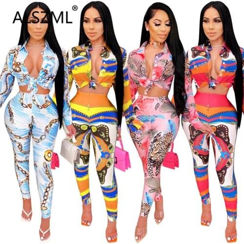 Deep V Neck Long Sleeve Cool Print Crop Top And Leggings 2 Pieces Set Sexy Tight Club Party Tracksuits