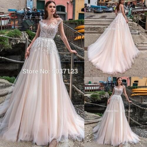 Tulle A Line Wedding Dresses 2021 Scoop Cap Sleeves Appliques Backless Wedding Bridal Gowns Court Train Vestido De Noiva