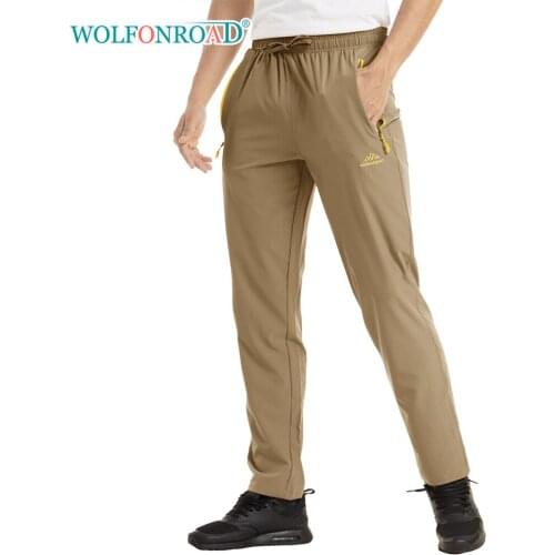 WOLFONROAD Summer Lightweight Sports Pants Mens Hiking Camping Outdoor Trousers with 3 Zipper Pockets Elastic Fitness Pants Man