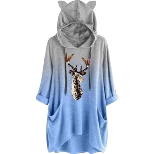 Womens Sweatshirt Hawaii Cat Ear Long Sleeve Hoody Fleece Pocket Hooded Tops Harajuku Deer Print Pullover Streetwear Sudaderas