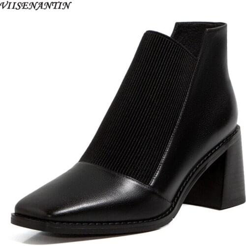 Autumn Square Toe Thick High Heel Deep Mouth Comfortable Chelsea Ankle Nude Socks Boots Women Real Leather Black Stretch Shoes