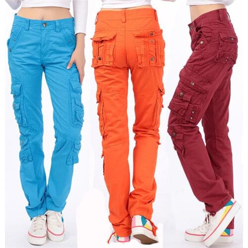 Loose Cotton Army Military Style Multi Pocket Trouser Cargo Pants Women Camouflage Blue Orange Black Red Burgundy