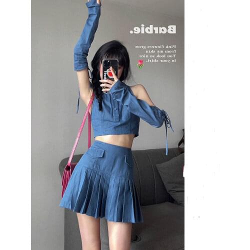 Denim Suit Women Skirt 2021 Summer New Simple Slim Short Cropped Navel Top and High Waist Pleated Skirts Two Piece Outfits Set