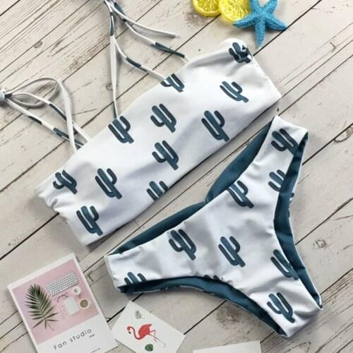 Women Push-up Bikini 2019 Bandeau Padded Bra Bikini Set Cactus Print Swimsuit Beach Swimwear Bathing Halter