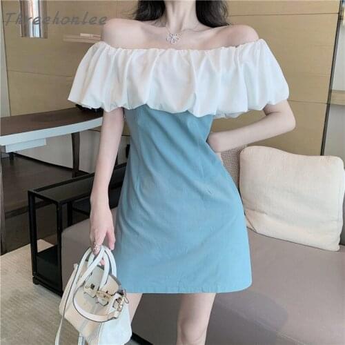 2021 Summer Fashion Light Sexy Dress One Line Shoulder Fold Off Shoulder Short Sleeve Patchwork Denim Slim A-line Casual Dress