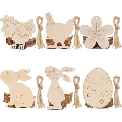 48PCS Happy Easter Wooden Eggs With Hemp Rope Bunny Rabbit Chick Wood Craft For Home Easter Party Hanging Decor Kid DIY Painting
