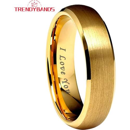 6MM Tungsten Rings For Men Women Wedding Band Domed Beveled Edges Brushed Finish Gold