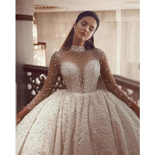 Beading Ball Gown Wedding Dresses 2021 Long Sleeves Crystal High Neck Arabic Bridal Gowns Vintage Robe De Mariee