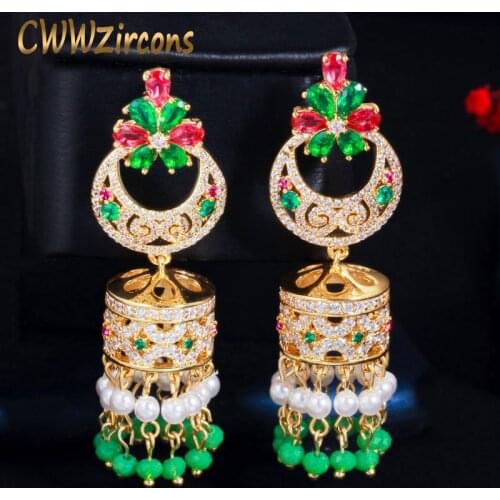 CWWZircons Indian Gold Color Green Red CZ Ethnic Vintage Long Dangle Drop Tassel Earrings for Women Handmade Party Jewelry CZ765