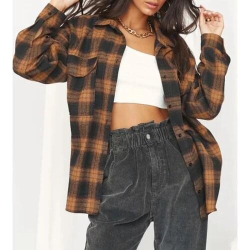 GypsyLady Plaid Long Shirt Blouse Vintage Check Autumn Chic Long Sleeve Women Shirts Blouse Pocket Oversized Ladies Shirt Tops