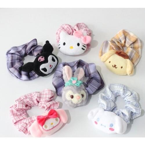 Kawaii JK Sanrioed Cinnamoroll Mymelody HelloKt Kuromi Purin Fabric Girl Heart Hair Ring Soft Sister JK Hair Accessories