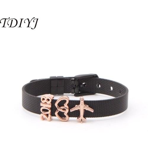 TDIYJ Plane Travel Serie Keeper ing Heart Charms Stainless Steel Black Mesh Bracelet Set 1Set