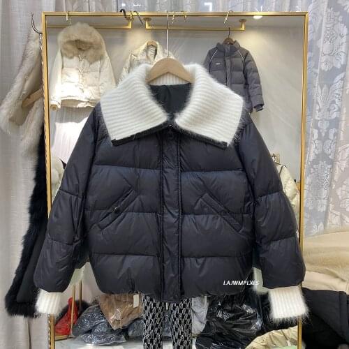 Korean 2021 New Fashion Women Winter Down Coat Big Lapel Loose Female Parkas Patchwork Sleeve Elegant Outwear Feather Jackets