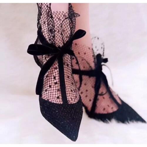 Summer Fashion Lace Mesh Banadge Ankle Boots Women Pointed Toe Cone Heels Sexy Ladies High Heel Bowtie Lace Boots
