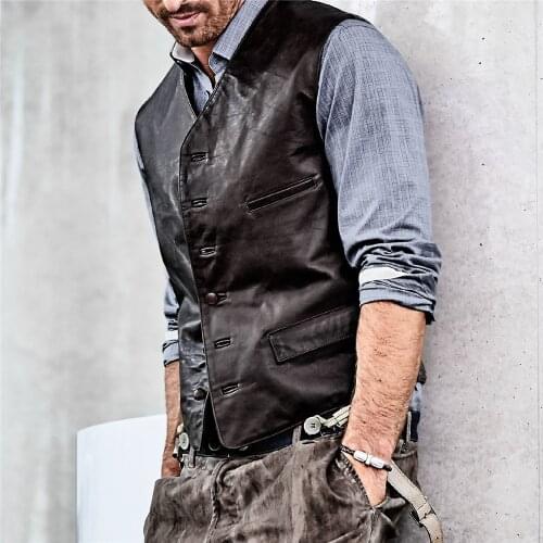 Men Formal Casual Single-Breasted PU Leather Vest Gentleman Slim Fit Button V Neck Waistcoat