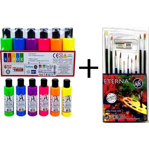 Sudor Acrylic Paint Set 6pcs x 70 ML Fluorescent Colors + 10 Pcs.Acrylic Oil Paint Brush Set For Canvas Wood And Many Surfaces