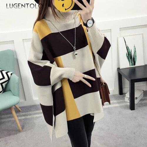 Lugentolo Wowen Poncho Cape Fashion Color Matching Plaid High Collar Cloak Bat Sleeve Knit Sweater Coat Spring Autumn Shawl