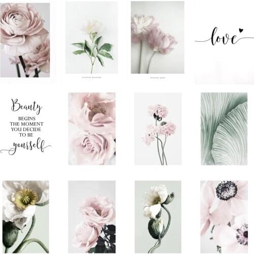 Wall Art Fresh Pink Flower Canvas Painting Posters And Prints Girl Room Decor Aesthetic Green Leaves For Home Decoration