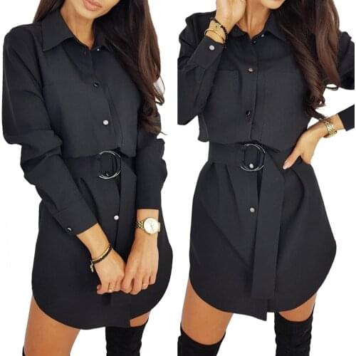2021 New Fashion Woman Girls Long Sleeve Solid Black Turn Down Collar Shirt Mini Dress Women Clothes