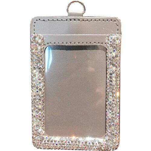 PU leather work card cover diamond ID card clip mens and womens universal protective cover with tether badge office supplies