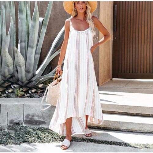 Summer Maxi Dress Women Fashion Sexy Spaghetti Strap Sleeveless Striped Boho Dresses Casual Loose Beach Vestidos Robe Femme