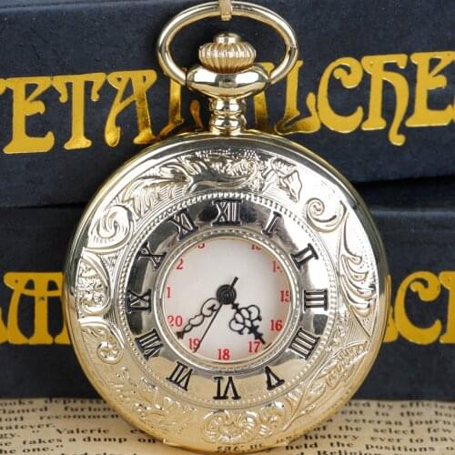 Steampunk Charm Gold Unisex Fashion Roman Number Quartz Pocket Watch Women Man Necklace Pendant with Chain Gifts