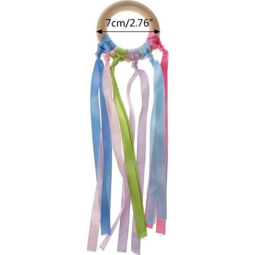 Rainbow Natural Wooden Ribbon Ring Baby Teether Newborn Sensory Toy Shower Gift