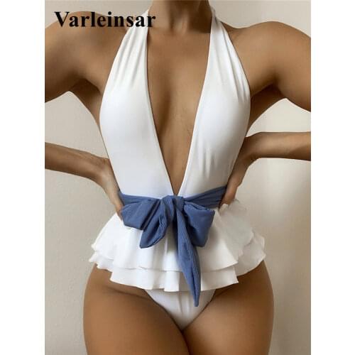 Sexy Ruffled Deep V Monokini Women Swimwear One Piece Swimsuit Female With Bandage Halter Padded Bather Bathing Suit Swim V3169