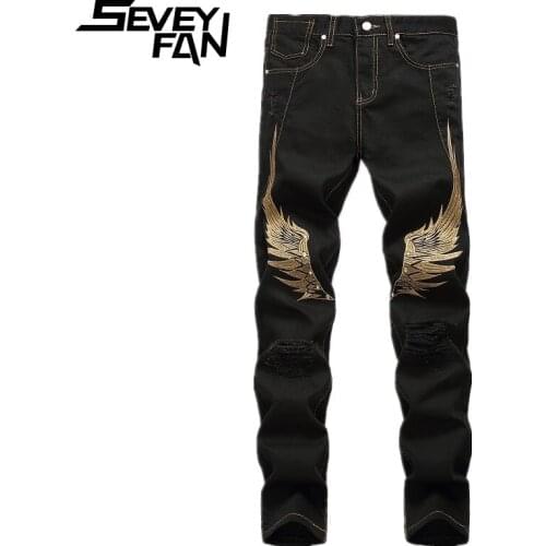 SEVEYFAN Mens Fashion Wing Embroidery Jeans Khaki Ripped Hole Stretch Stragight fit Denim Pants for Male