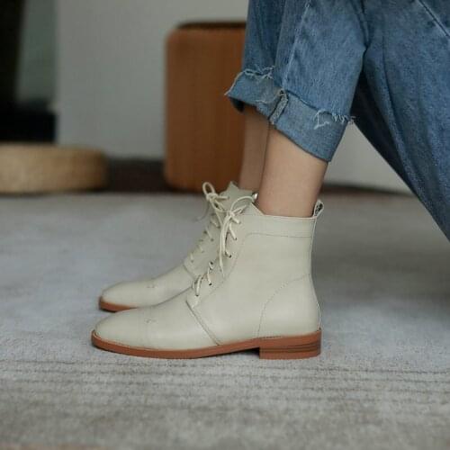 SKLFGXZY Autumn winter boots Genuine leather Women boots With low Martin boots Lace-up boots Womens shoes