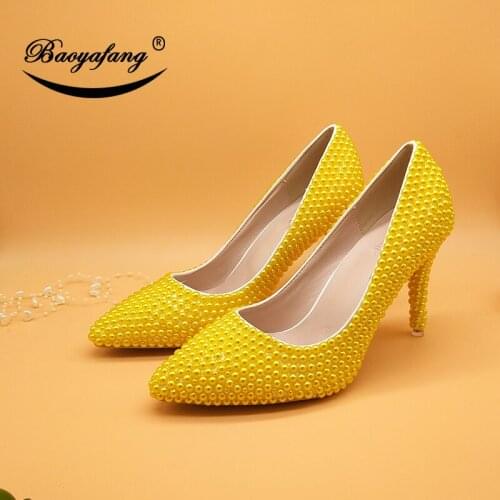 BaoYaFang Gold Pearl Wedding shoes with matching bags heart bags Ladies woman sweet party dress shoe Pointed Toe Pumps fashion