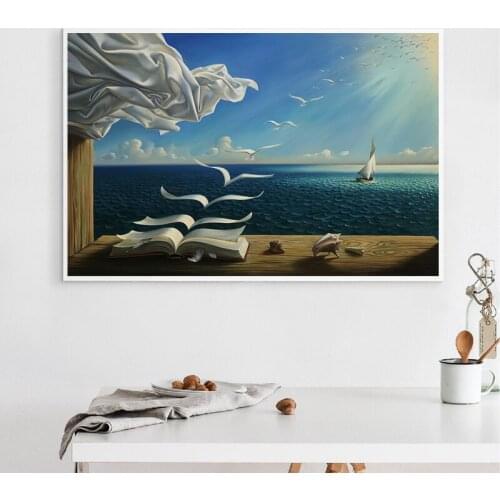 Creative Abstract Seascape Posters and Prints Wall Art Canvas Painting Flying Geeses Book Decorative Pictures for Living Room