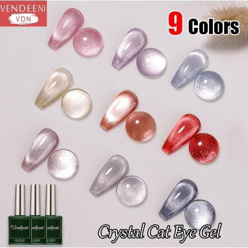 Vendeeni 9 Colors Crystal Cat Eye Gel Nail Polish Holographic 9D UV Soak Off Nail Art Gel Lacquer Magnetic Hybrid Gel Varnish