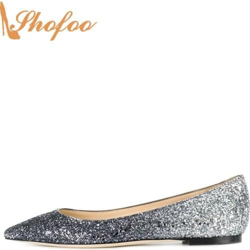 Silver Navy Blue Sequined Cloth Ballet Flats Woman Pointed Toe Pull On Shoes Large Size 12 15 Ladies Summer Fashion Party Shofoo