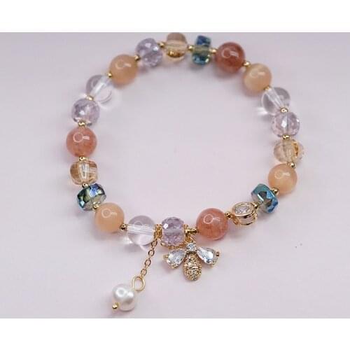 Zircon Bee Pendant Multicolor Crystal Cats Eye Stone Natural Freshwater Pearls Beaded Bracelets Women Fashion Jewelry YBR561