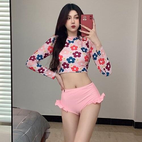 2021 Korean Style Long Sleeve Print Pink Women Sexy Slim Two Piece Swimsuit High Waist Swimwear Shorts Suit Plus Size Swimwear