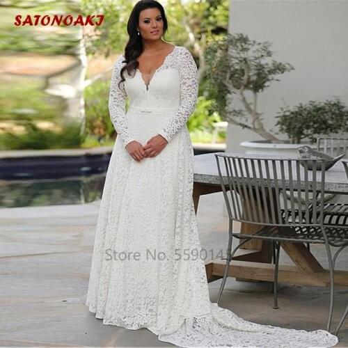 2020 Glamorous Lace Wedding Dress V-Neck A-Line Plus Size Long Sleeve Bridal Gown Vestido De Noiva Mariage Undefined Online Shop