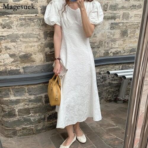 Vintage 2021 Lace-Up Puff Sleeve Slim Woman Dress Flower Summer Dress Women Elegant High Waist V Neck White Dresses Robes 15261