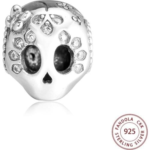 100% 925 Sterling Silver Sparkling Skull Charm Bead Fit Pandora Charms Bracelets Women DIY Beads for Jewelry Making perles