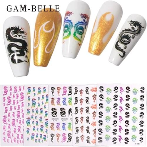 GAM-BELLE 3D Nail Stickers Red Black Dragons Design Decals Nail Art Decoration Accessories Acrylic Manicure Tips Stickers Tools