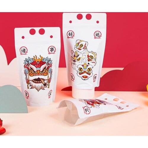 50pcs Drinking Juice Plastic Bag Beverage Pouch Traditional Chinese Totem Dancing Lion Print Liquid Bag