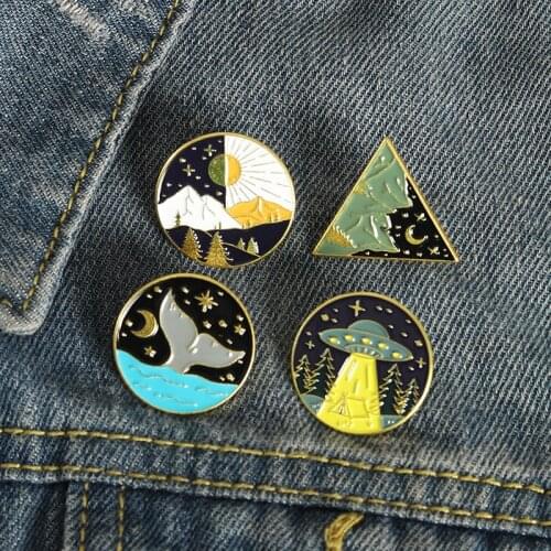 Sun and Moon Sea Fish Enamel Pins Natural Landscape Brooch Lapel Badge Bag Jewelry Gift for Friends