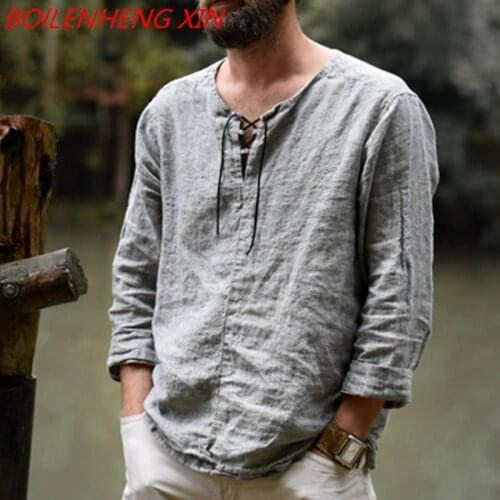 Summer Mens vintage jogging Long Sleeve T-shirt Men Linen Round Neck T-shirt Male Casual Fashion Trendy Cotton Linen T-shirts