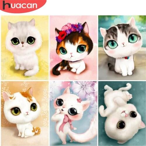 HUACAN Full Square/Round Diamond Painting Cat Mosaic Embroidery Cartoon Cross Stitch Home Decoration Wall Stickers