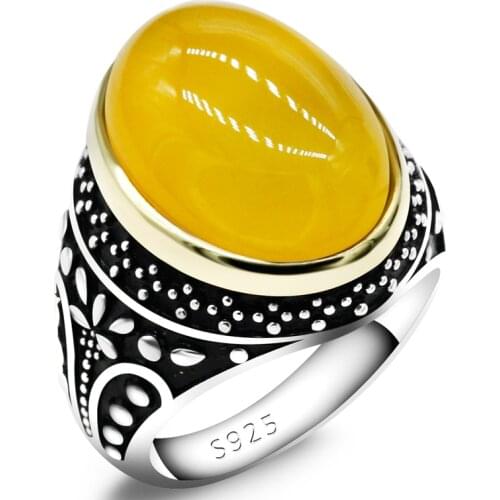 925 sterling silver mens ring with natural yellow large agate stone retro classic Thai silver ring, as a gift of Turkish exquis