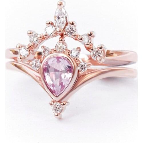 Hainon Romantic Pink Heart Stone Crystal Crown Rings Set for Women Fashion Rose Gold Color Wedding Rings Jewelry