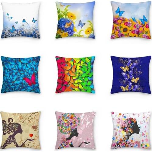 Colorful Butterflies Pillowcase Cushion Covers Flowers Print Sofa Cushion Case Beautiful Idyllic Scenery Pillow Cover Decor
